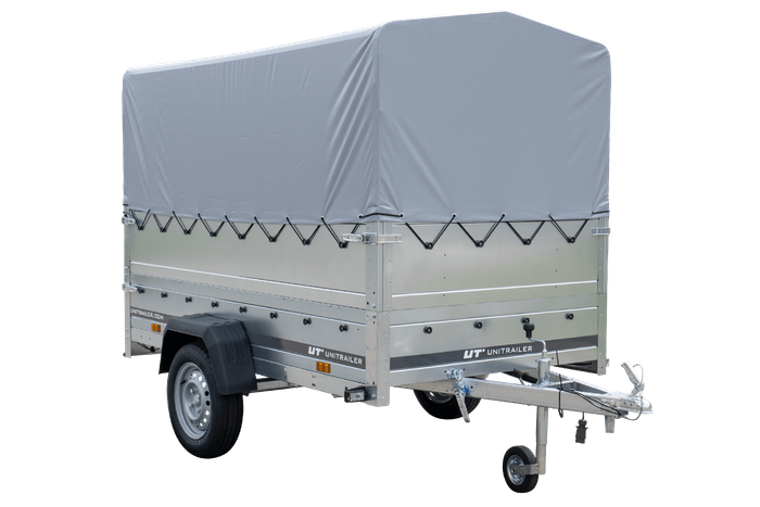PKW-Anhänger 230x125 UNITRAILER GARDEN 230 KIPP mit Zusatzbordwänden und grauer Hochplane 80 cm