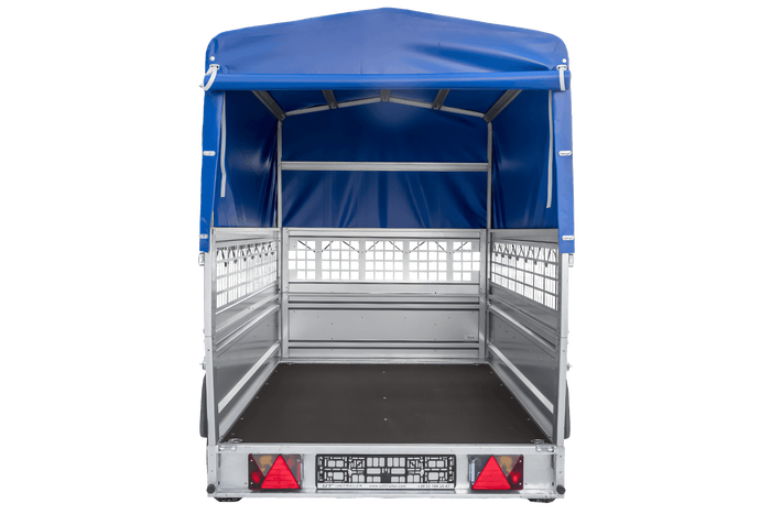 Einachsanhänger 230x125 UNITRAILER FORCE 230 KIPP mit Gitterseitenwänden, H-0-Rahmen und blauer Plane