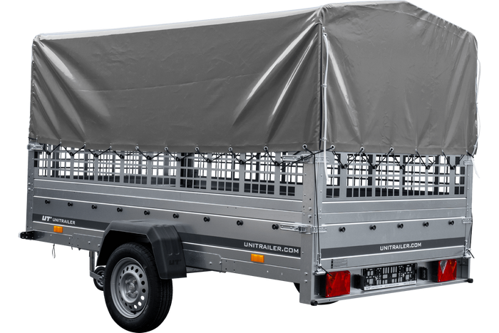 Autotransportanhänger auf Blattfedern 264x150 UNITRAILER GARDEN 265/R KIPP mit Gitterwänden, H-800 Rahmen und grauer Plane