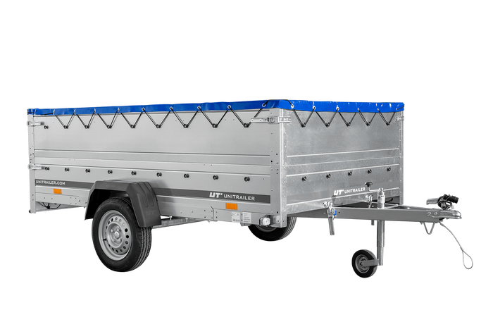 Autotransportanhänger auf Blattfedern 264x150 UNITRAILER GARDEN 265/R KIPP mit BIS-Seitenwänden, H-0-Rahmen und blauer Plane