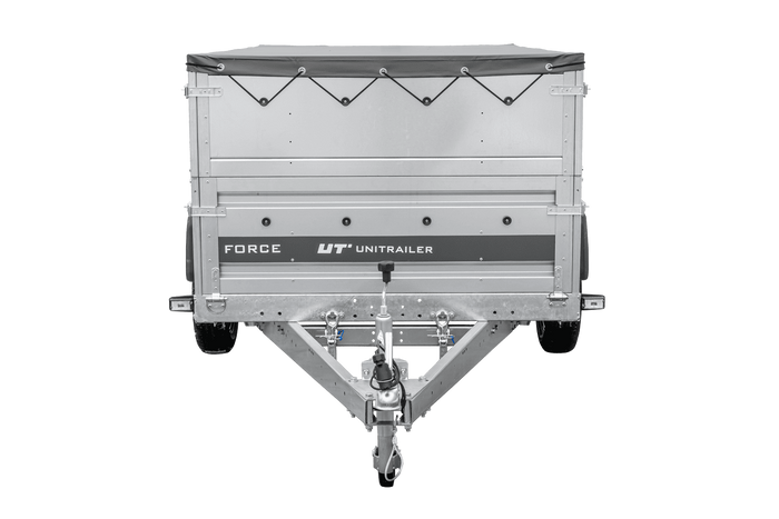 Leichter Anhänger 230x125 UNITRAILER FORCE 230 KIPP mit BIS-Seitenwänden, H-0-Rahmen und grauer Plane
