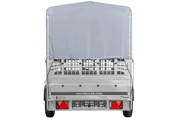 Autotransportanhänger auf Blattfedern 264x125 UNITRAILER GARDEN 264/R KIPP mit Gitterwänden, H-800 Rahmen und grauer Plane