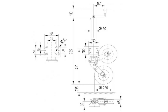 KNOTT ATK60 verstärktes Stützrad mit Griff 350 kg 60 mm 785–1020 mm