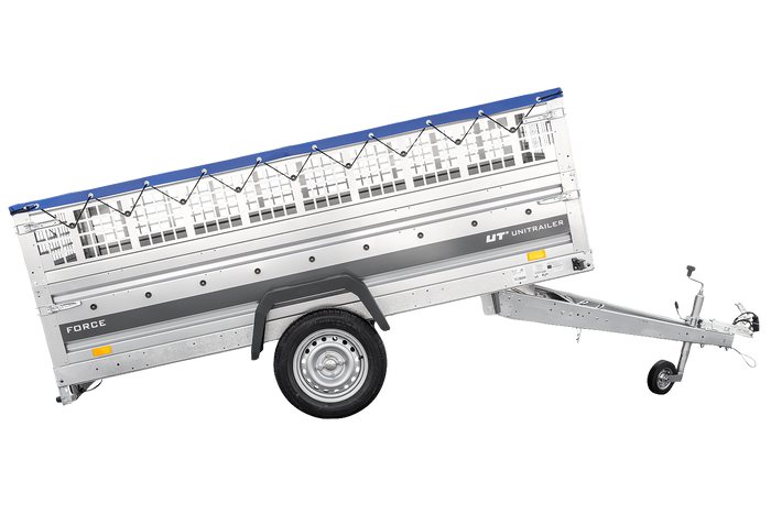 Einachsanhänger 264x125 UNITRAILER FORCE 264 KIPP mit Gitterwänden, H-0-Rahmen und blauer Plane