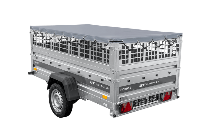 Leichter Anhänger auf Federn 230x125 UNITRAILER FORCE 230/R KIPP mit Gitterwänden, H-0-Rahmen und grauer Plane