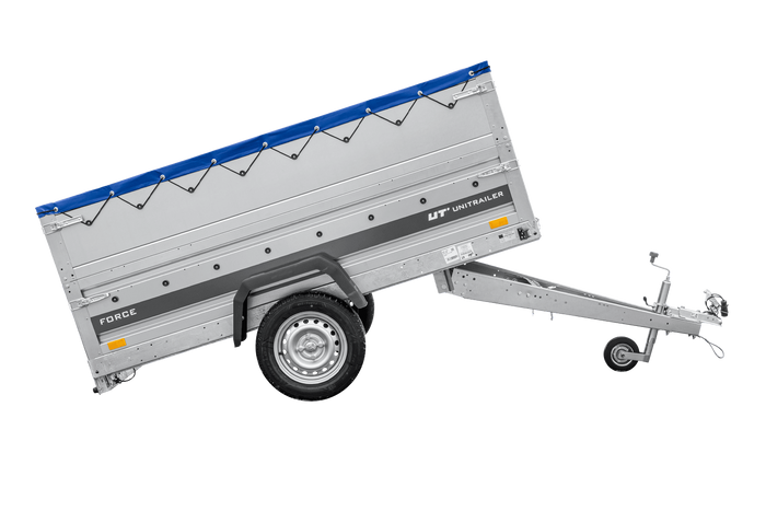 Leichter Anhänger 230x125 UNITRAILER FORCE 230 KIPP mit BIS-Seitenwänden, H-0-Rahmen und blauer Plane