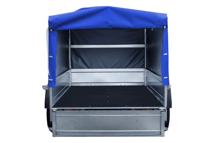 Einachsanhänger mit Blattfedern 230x125 UNITRAILER GARDEN 230/R KIPP mit H-800-Rahmen und blauer Plane